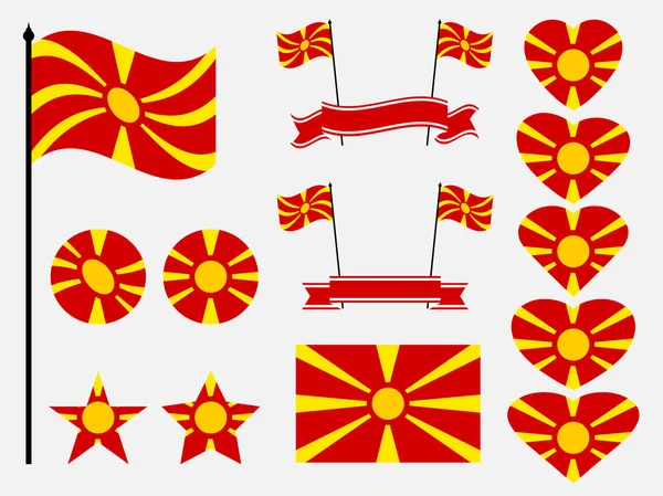 Macedonia bandiera impostata. Collezione di simboli cuore e cerchio. Illustrazione vettoriale — Vettoriale Stock