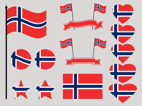 Norvegia bandiera impostata. Collezione di simboli cuore e cerchio. Illustrazione vettoriale — Vettoriale Stock