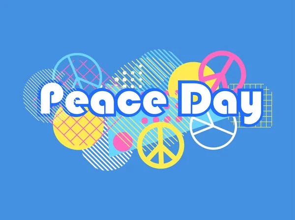 Barış uluslararası günü. Geometrik öğeleri memphis. 80'li yılların tarzında dizayn tebrik kartı. Retro afiş. Vektör çizim