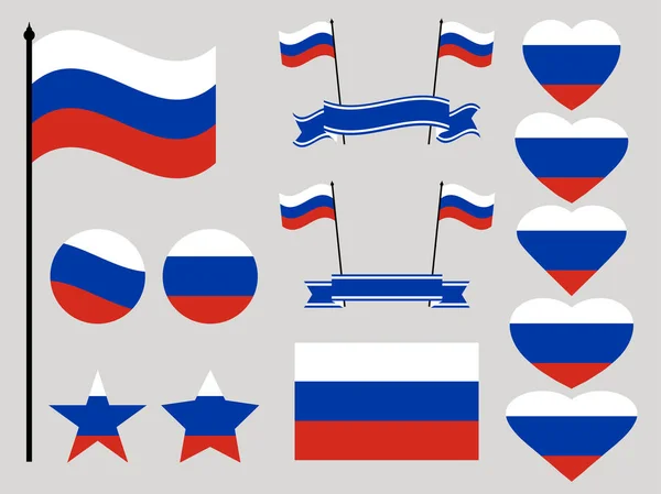 Bandera de Rusia establecida. Colección de símbolos corazón y círculo. Ilustración vectorial — Vector de stock