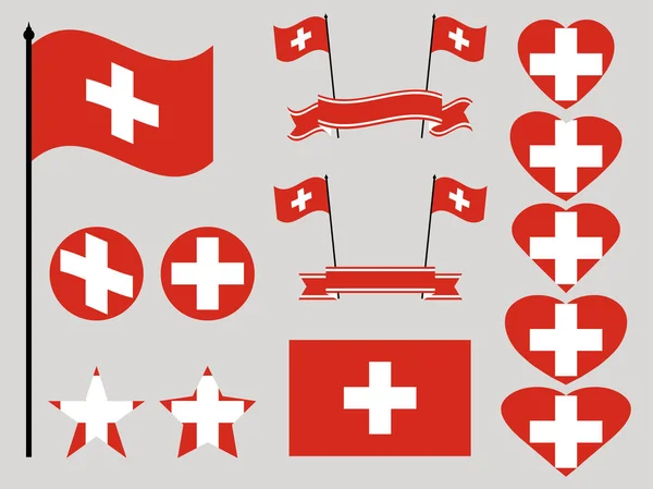 Switzerland flag set. Collection of symbols heart and circle. Vector illustration — Stock Vector