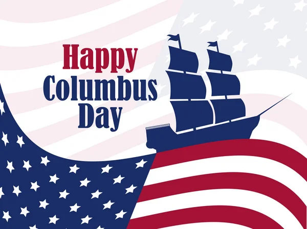Día de Colón, el descubridor de América, bandera de EE.UU. y barco, bandera de vacaciones. Barco de vela con mástiles. Ilustración vectorial — Archivo Imágenes Vectoriales