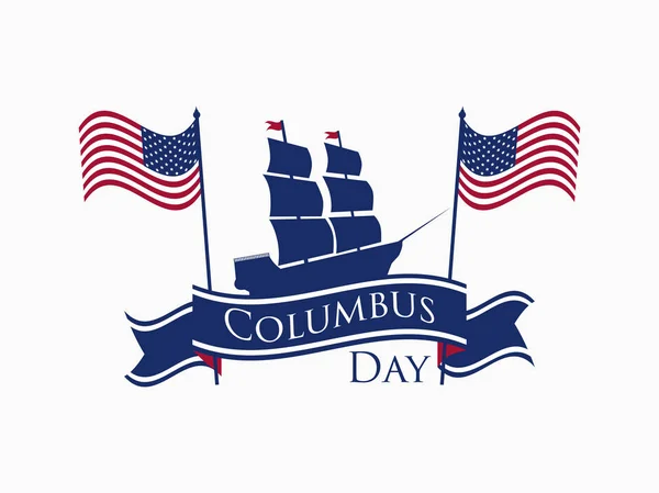 Feliz Día de Colón, el descubridor de América, cinta y barco, bandera de vacaciones. Barco de vela con mástiles. Ilustración vectorial — Vector de stock