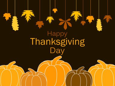 Mutlu Şükran Günü tebrik kartı şablonu. Kabaklar ve Asma yaprakları, sonbaharın çelenk bırakır. Festivali afiş. Vektör çizim