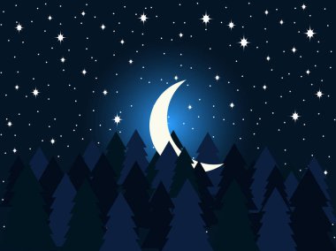 Çam ağaçları düz ay. Gece yarısı, hilal ay yıldızlı gökyüzü. Çam ormanı. Vektör çizim
