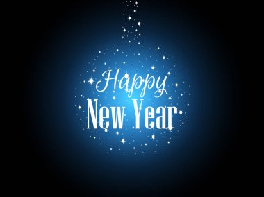 Mutlu yıllar, parlak yıldızlar ve kar taneleri bir top oluşturur. Mavi parlaklık. Festival tebrik arka plan. Vektör çizim