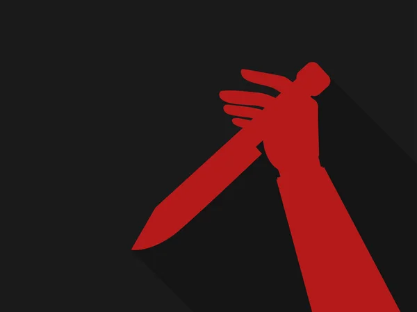 Mano sosteniendo un cuchillo. Esquema rojo en estilo retro, negro. Fondo de Halloween. Ilustración vectorial — Vector de stock