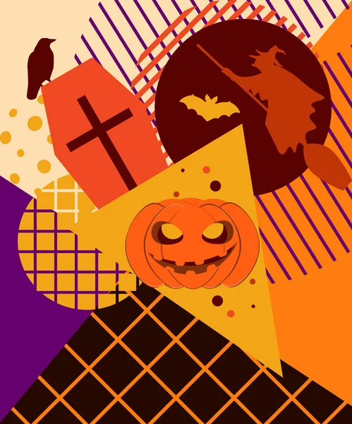 Universidad de Halloween Memphis. Fondo festivo con criaturas místicas y figuras geométricas en el estilo de los años 80. Ilustración vectorial — Archivo Imágenes Vectoriales