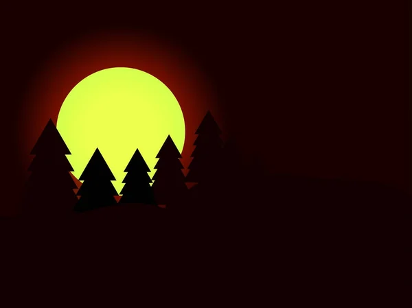 Luna en los abetos. Bosque de pinos. Noche oscura. Ilustración vectorial — Vector de stock