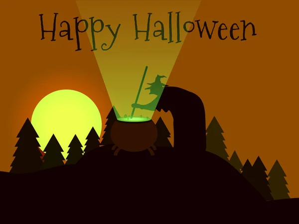 Feliz Halloween. La bruja está preparando una poción en el bosque. Maceta alquímica y hechicera. Crepúsculo, la luna en el cielo. Ilustración vectorial — Vector de stock