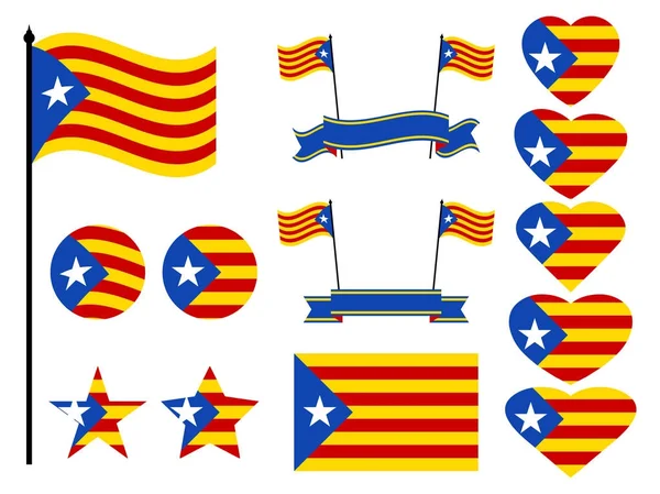 Bandiera Catalogna impostata. Collezione di simboli cuore e cerchio. Illustrazione vettoriale — Vettoriale Stock