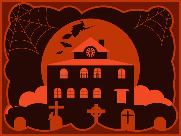 Casa espeluznante de Halloween con un cementerio, una bruja voladora en el fondo de la luna. Ilustración vectorial — Vector de stock