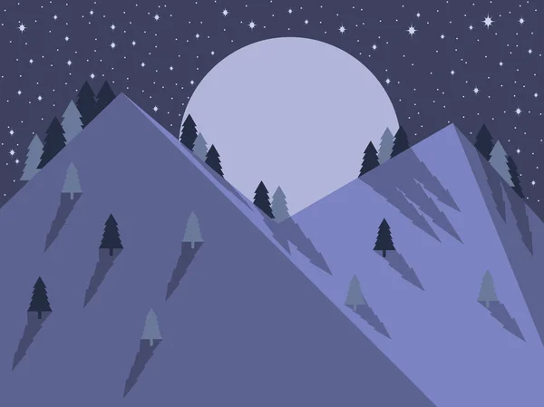 Noche montaña paisaje estilo plano. Luna llena, cielo estrellado. Ilustración vectorial — Vector de stock