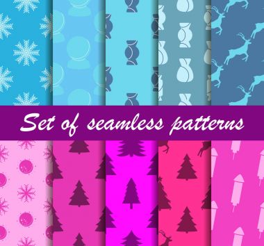 Noel Dikişsiz desen seti. Sweets, hediye kutuları oyuncaklarla. On kış arka planlar. Vektör çizim