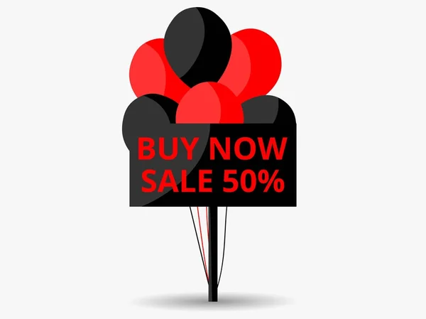 Black friday sale banner. Notice board with black and red balloons. Buy now discount 50 percent. Vector illustration — Stock Vector