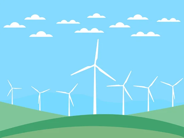Turbina eólica en campos verdes en un estilo plano. Energía renovable. Ilustración vectorial — Archivo Imágenes Vectoriales