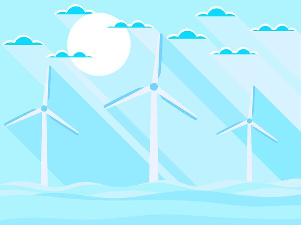Wind turbines in the sea. Landscape in a flat style with a long shadow. Renewable energy. Vector illustration