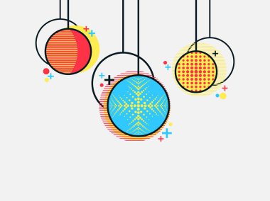 Memphis tarzı, geometrik şekiller ve basit formları Noel topları. Vektör çizim
