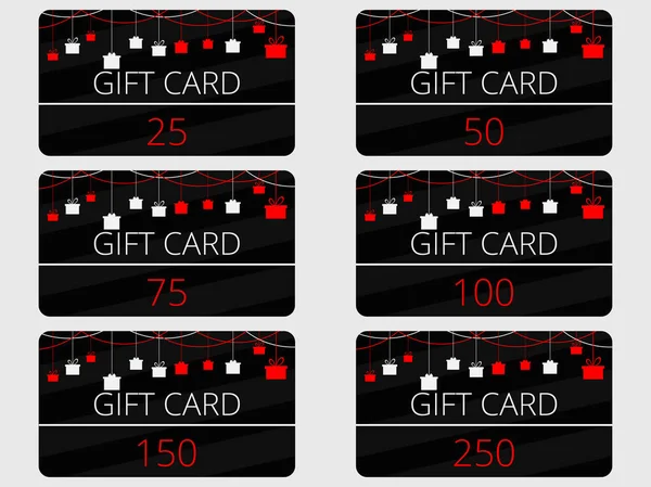 Cartões de presente com caixas de presente penduradas. Cor vermelha e preta. Ilustração vetorial —  Vetores de Stock