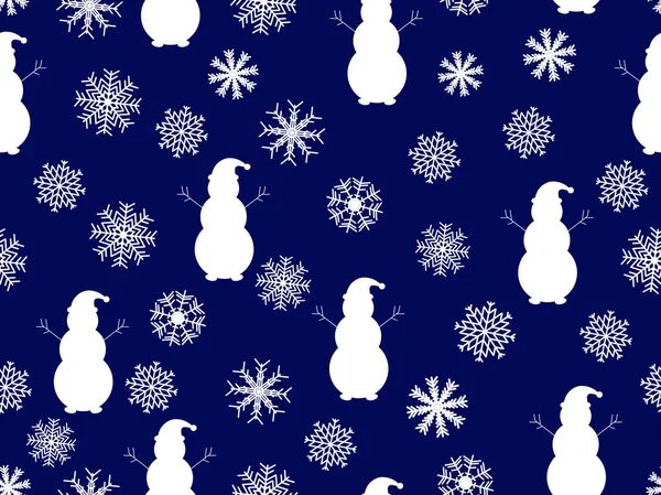 Muñecos de nieve y copos de nieve patrón sin costuras. Fondo de vacaciones de Navidad. Decoración de Navidad. Ilustración vectorial — Archivo Imágenes Vectoriales