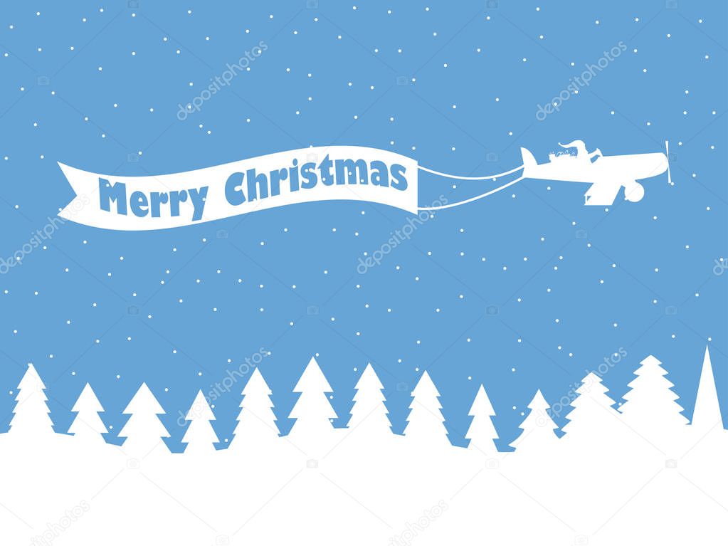 Santa Claus on a plane with a ribbon. Winter background with falling snow. White contour of Christmas trees. Vector illustration