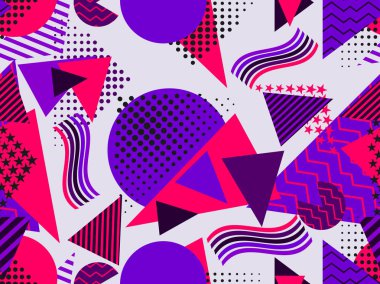 Memphis 80 lerin tarzında geometrik figürler ile seamless modeli. Mor, mavi ve kırmızı renk. Vektör çizim