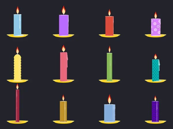 Velas planas conjunto isolado no fundo preto. Uma cera a pingar num pires. Ilustração vetorial — Vetor de Stock