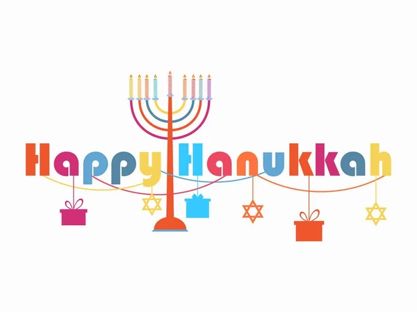 Feliz cartão de felicitações Hanukkah. Castiçal com nove velas. Garland com presentes pendurados. Ilustração vetorial — Vetor de Stock