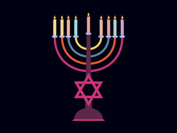 Feliz Chanukah. Castiçal com nove velas de cores diferentes. Estrela de seis pontas. Ilustração vetorial —  Vetores de Stock