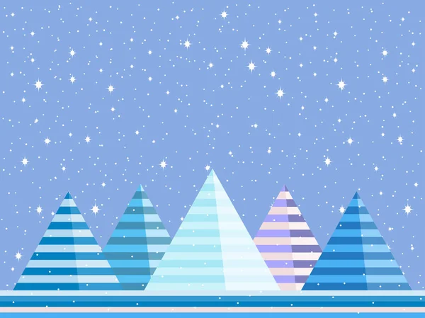 Montaña paisaje de invierno es de estilo plano. Navidad, fondo cubierto de nieve. Ilustración vectorial — Vector de stock