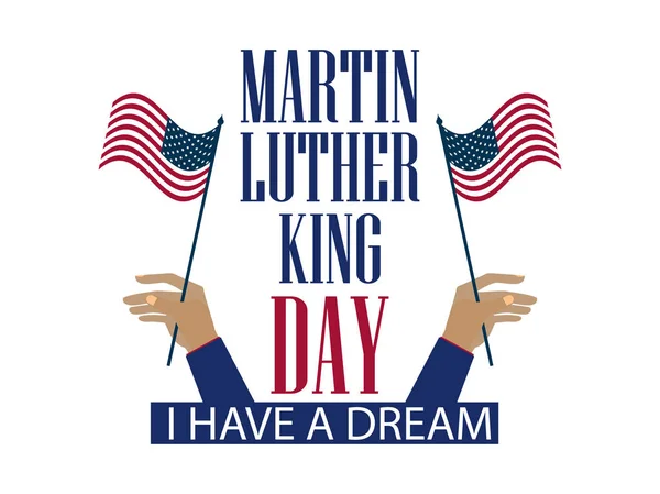 Día de Martin Luther King. La mano sostiene la bandera de los Estados Unidos. Banner de vacaciones aislado sobre fondo blanco. Ilustración vectorial — Vector de stock