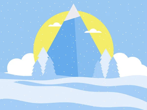Montanha, paisagem de inverno em estilo plano. picos cobertos de neve, sol e nuvens. Ilustração vetorial —  Vetores de Stock