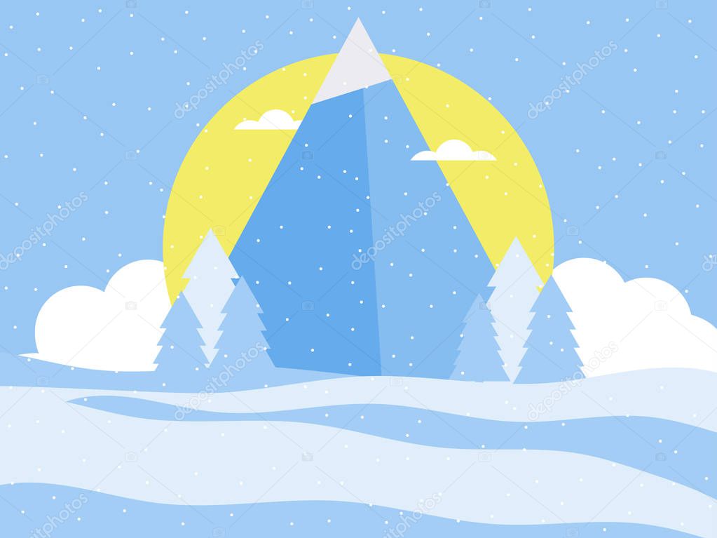 Mountain, winter landscape in a flat style. Snow-capped peaks, sun and clouds. Vector illustration
