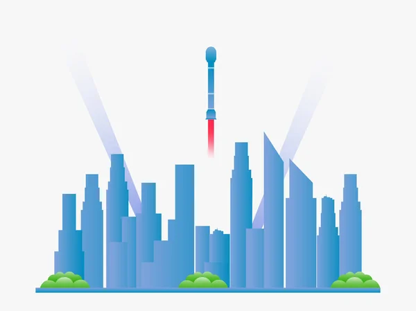 Future city landscape with skyscrapers and spaceships. Vector illustration — Stock Vector