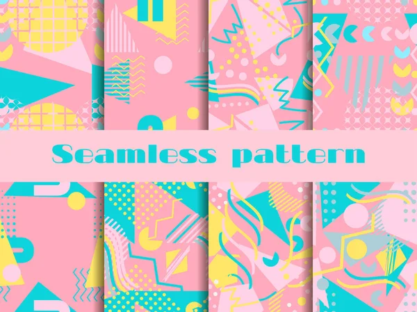 Conjunto de patrones sin costuras de Memphis. Elementos geométricos memphis en el estilo de los años 80. Colores pastel. Ilustración vectorial — Vector de stock