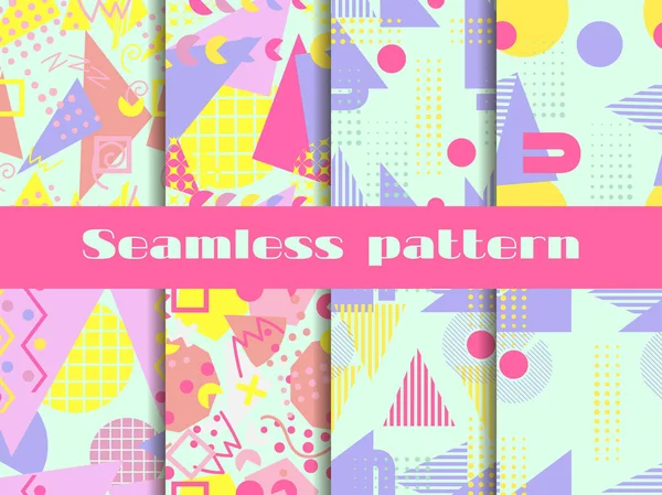 Memphis seamless pattern set. Geometric elements memphis in the style of 80's. Pastel colors. Vector illustration — Stock Vector