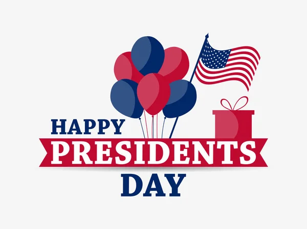 Feliz Dia dos Presidentes. Ilustração festiva para cartão e cartaz. Balões e caixa de presente. Bandeira dos EUA. Desenho tipográfico. Vetor —  Vetores de Stock