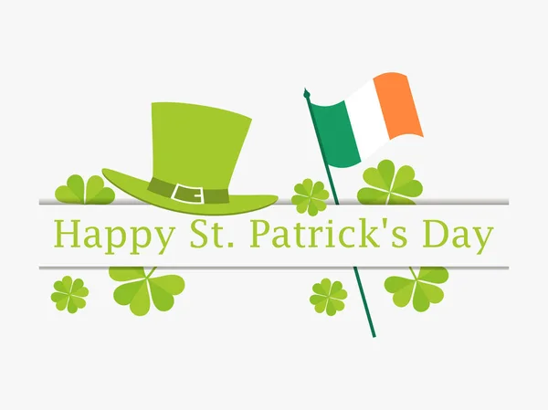 Buon San Patrizio. Bandiera d'Irlanda, foglie di trifoglio verde e cappello leprecauno. Bandiera festiva, biglietto di auguri. Progettazione tipografica. Illustrazione vettoriale — Vettoriale Stock