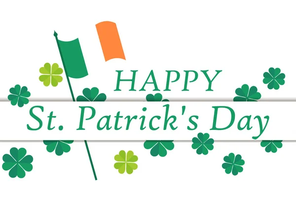 Feliz Dia de São Patrício. Bandeira da Irlanda e folhas de trevo verde. Banner festivo, cartão de felicitações. Desenho tipográfico. Ilustração vetorial — Vetor de Stock