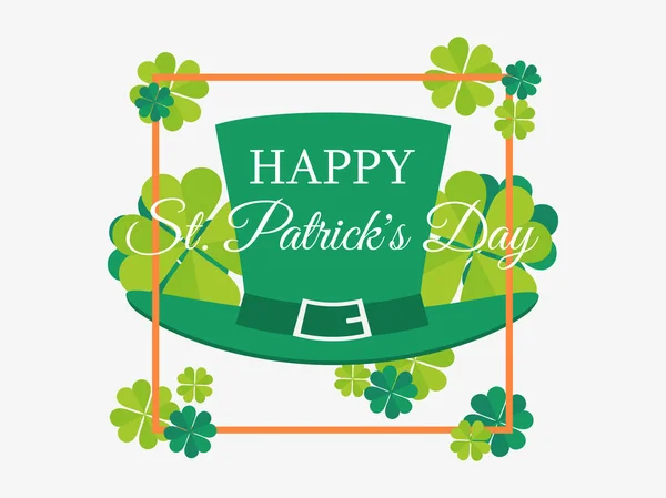 Happy St. Patrick's Day. Leprechaun hat and leaves of green clover in a frame. Festive banner, greeting card. Typography design. Vector illustration — Stock Vector