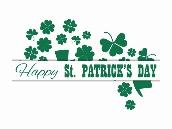 Happy St. Patrick's Day. Leprechaun hat and green clover leaves. Festive banner, greeting card. Typography design. Vector illustration