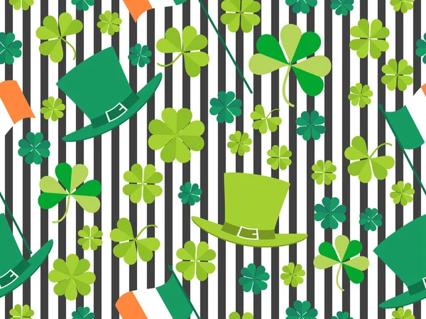 Πατρικίου ημέρα, χωρίς ραφή πρότυπο με φύλλα πράσινο τριφύλλι, ιρλανδική σημαία και καλλικάτζαρος καπέλο σε ριγέ φόντο. Για banner και ευχετήρια κάρτα. Τυπογραφίας. Εικονογράφηση διάνυσμα — Διανυσματικό Αρχείο