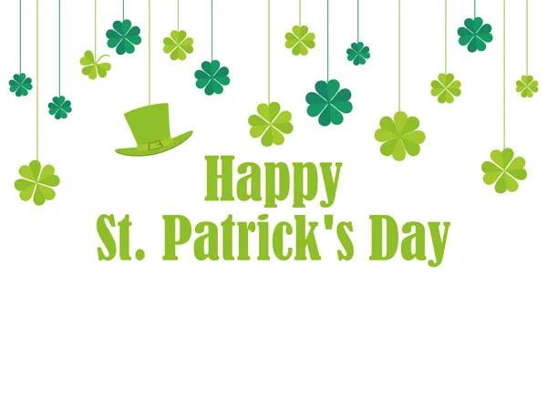 Happy St. Patrick's Day. Hanging clover and leprechaun hat. Festive banner, greeting card. Typography design. Vector illustration — Stock Vector
