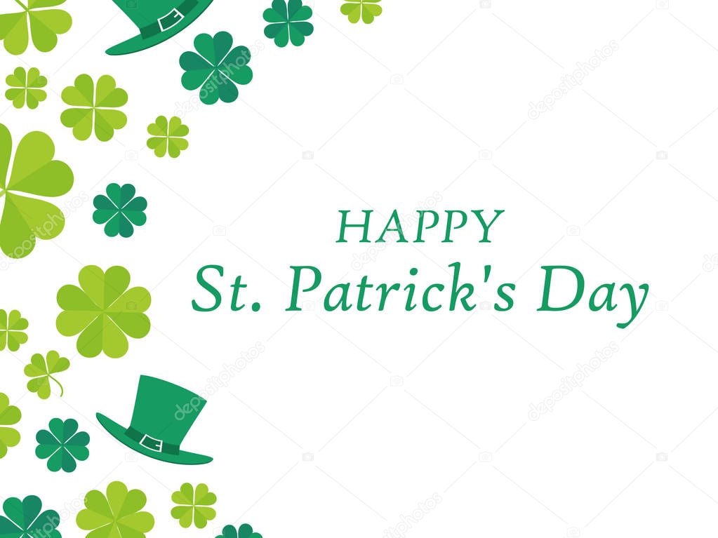 Happy St. Patrick's Day. Leprechaun hat and green clover leaves. Festive banner, greeting card. Typography design. Vector illustration