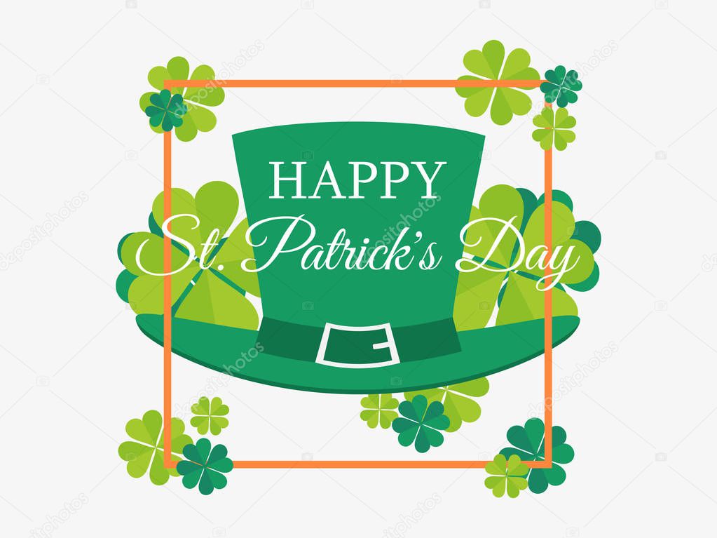 Happy St. Patrick's Day. Leprechaun hat and leaves of green clover in a frame. Festive banner, greeting card. Typography design. Vector illustration