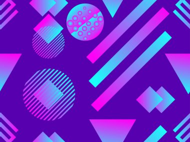 Memphis seamless modeli. Holografik geometrik şekiller, degradeler, 80 lerin retro tarzı. Memphis tasarım arka plan. Vektör çizim