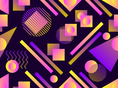 Memphis seamless modeli. Holografik geometrik şekiller, degradeler, 80 lerin retro tarzı. Memphis tasarım arka plan. Vektör çizim