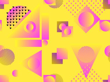 Memphis seamless modeli. Holografik geometrik şekiller, degradeler, 80 lerin retro tarzı. Memphis tasarım arka plan. Vektör çizim