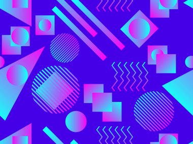 Memphis seamless modeli. Holografik geometrik şekiller, degradeler, 80 lerin retro tarzı. Memphis tasarım arka plan. Vektör çizim