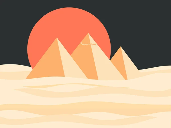 Krajobraz egipskich piramid. Czerwone słońce pustyni. Ilustracja wektorowa — Wektor stockowy